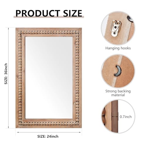 H HOMEWINS Rustic Wood Wall Mirror,Rectangle Bathroom Vanity Mirror - color: Nature, size: 36"L x 24"W