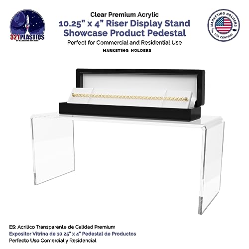 Marketing Holders 4 Pack Clear Acrylic Riser Display Stand 10 Inch Wide by 4 Inch Deep Retail Merchandise Showcase Elongated Bench Clear Plexiglass Counter or Tabletop Products Platform - size: 10.25"W x 4"D x 4.25"H