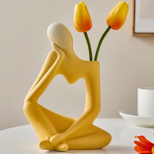 Arawat Ceramic Thinker Vase Yellow Flower Vase for Home Decor Modern Cute Boho Vases for Table Room Decor Unique Aesthetic Ceramic Decorative Vases for Centerpieces Birthday Gifts for Women Men - color: # B Yellow Ceramic Flower Vase for Home Decor