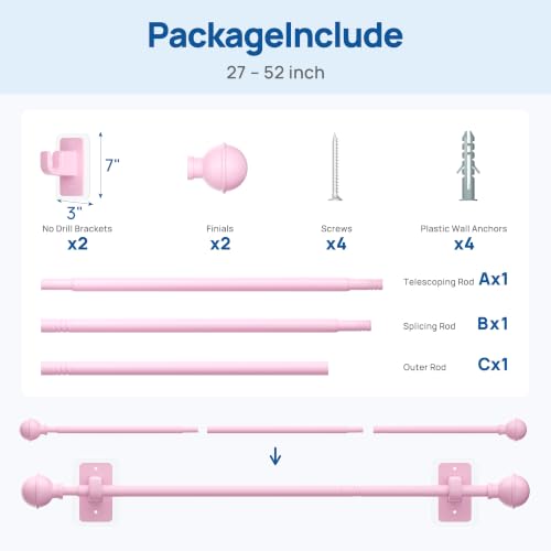 ENJOYBASICS Curtain Rods No Drilling for Renter, 28-47" Adjustable, Pink - color: Pink, size: 27-52"