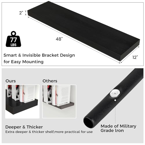 48 Inch Floating Shelves for Wall, 12"D Wood Storage Shelves, Black Finish - color: Black, size: 48 Inch