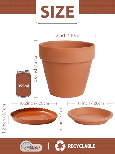 INGOFIN 12 Inch Terracotta Pot with Saucer - Ceramic Clay Pot for Plants with Drainage Hole, Large Terra Cotta Flower Planter with Tray for Indoor Outdoor Plants - size: 12 Inch