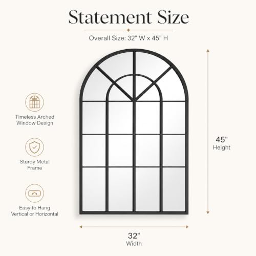 Black Arched Metal Window Mirror 32"x45" - Shatterproof Wall Decor for Fireplace, Living Room, Dining Room, Entrances, Against the Wall - Distortion-Free, Easy Mounting - color: Matte Black, size: 45"L x 32"W