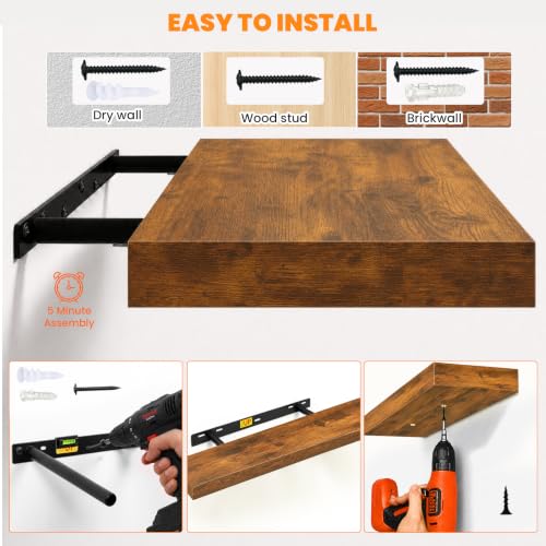 RICHER HOUSE 48Inch Long Floating Shelves, 12" Deep Rustic Wood Wall Shelf - color: Brown, size: 48in