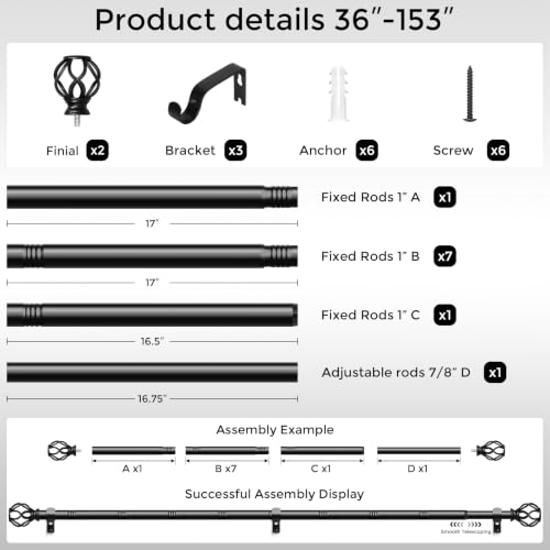 Black Curtain Rod 36-153 Inch, 1 Inch Curtain Rods for Windows - color: Black, size: 36"-153" (1 Pack)