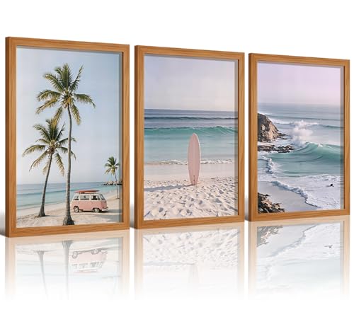 HCJWCXD 3 Pcs Boho Coastal Beach Canvas Wall Art 12x16 Inch Framed - color: Framed Pink car, size: 12x16 Inches