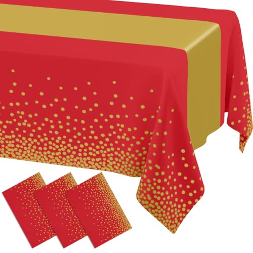 Smiry Disposable Rectangle Plastic 54 x 108 Inch Table Cloth 3 Pack - color: Gold and Red