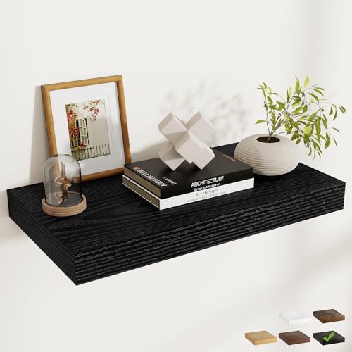 24 Inch Long Floating Shelves for Wall Set of 1, 12"D Wood Grain Shelves - color: Black, size: 24"Wx12"Dx2"H, 1P