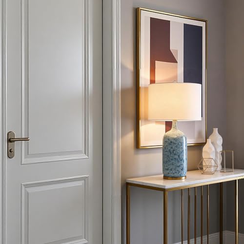 Modern Farmhouse Ceramic Table Lamp, 26" Tall Blue & White Kiln Glaze Bedside Lamp with Linen Shade, Contemporary Accent Lamp for Living Room Bedroom - color: Blue