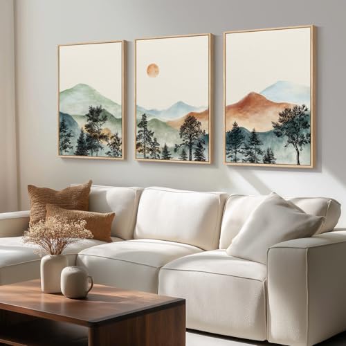Framed Mountain Wall Art for Living Room, Boho Landscape Print, 24x36 Inch - color: Neutral Orange, size: 24" W x 36" H x 3Pcs