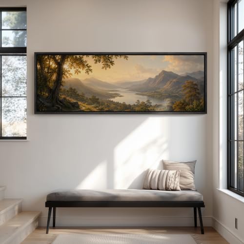 wall26 Large Framed Wall Art Canvas Print - Golden Hour Mountain Lake Sunset Landscape - Contemporary Artwork for Living Room Bedroom Office - 60"x20" Black - color: A07-2607-ANG14, size: 60"L x 20"W, style: Black Frame
