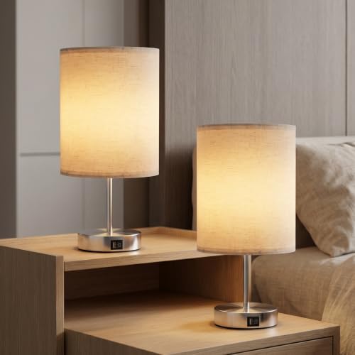 Set of 2 Touch-Controlled Desk Lamps, Compatible with Type C and USB A Ports, with Three Adjustable Brightness Levels for Bedside Lamps, Including Two Bulbs - color: Oatmeal
