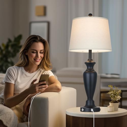 Black Table Lamp for Living Room Single, 30″ Tall Touch Control Bedside Lamp for Bedroom, 3-Way Dimmable Nightstand Lamp with USB A+C Ports and AC Outlet (1 Pack) - color: Black - 30"H - 1 Pack