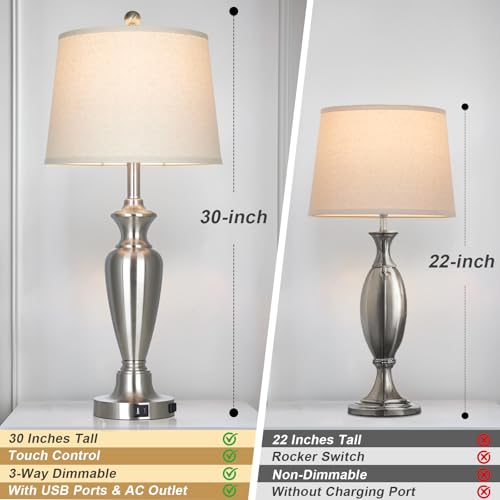 30" Tall Silver Table Lamps Set of 2 for Living Room, Touch Control Bedside Lamps for Nightstand, 3-Way Dimmable Bedroom Table Lamp with USB A+C Ports and AC Outlet (2 LED Bulbs Included) - color: Silver - 30"H