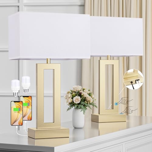 Seealle Nightstand Table Lamps for Bedrooms Set of 2 - Touch Bedside Lamp with USB C+A, 3 Way Dimmable Living Room Lamps for End Tables Set of 2(White&Gold) - color: M. White&Gold, size: Medium(19.6in)