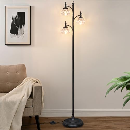 JUNNAI Black Floor Lamp for Living Room,Tall Standing Lamp Dimmable Tree Floor Lamps with 3 Rotatable Lights Glass Shade 66.5'' Modern Corner Lamp for Bedroom Office(3LED Bulbs Included) - color: Black