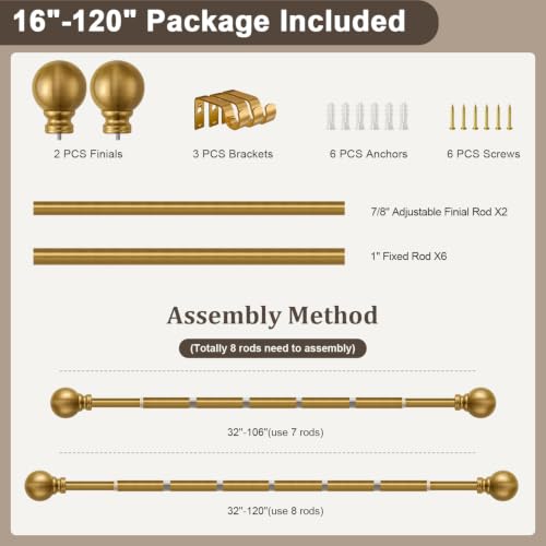 Modern Gold Curtain Rods for Windows 66 to 120 Inch Long Heavy Duty Brass - color: Gold, size: 16"-120"|1 Pack
