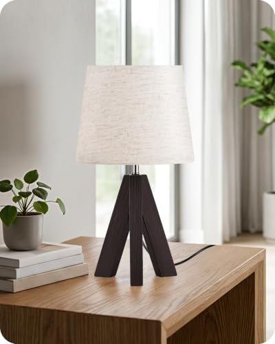 Small Table Lamp for Bedroom, 14.6" Bedside Lamp with Beige Linen Shade & Walnut Wood Tripod Base, Modern Nightstand Lamp for Living Room, Nursery, Entryway, E26 Socket, VE51TL05 - color: Beige+Dark Walnut