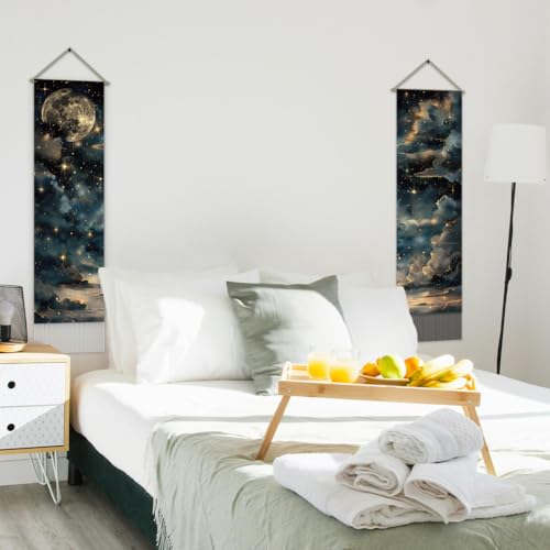 AHANDMAKER Pack of 2 Starry Sky Tapestry, Retro Moon and Stars Vertical Long Aesthetic Celestial Tapestry Doorway Curtain Tassel Wall Hanging for Bedroom Living Room, 13 x 51 Inch - color: Starry Sky