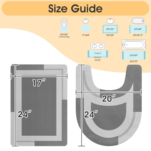 ACCUMTEK Non Slip Bath Mat, Thin Bathroom Rugs Fit Under Door, Quick Dry Bath Mats, Machine Washable Bath Rugs for Bathroom, Bathtub & Kitchen, Grey/Bordered/24 x17+ 24"x20" Contour Rug - color: Grey, size: 24"x17"+ 24"x20" Contour Rug