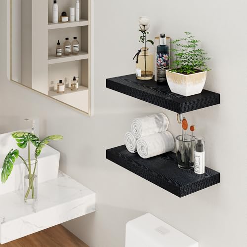 Fun Memories Rustic Black Floating Shelves 24 Inch Long, 8 Inch Deep Floating Shelf, 24 x 8 Wall Shelves Set of 2, Deep Black Bathroom Shelves, 24 Long Floating Bookshelf Wall Mounted - color: Black, size: 24"W x 8"D