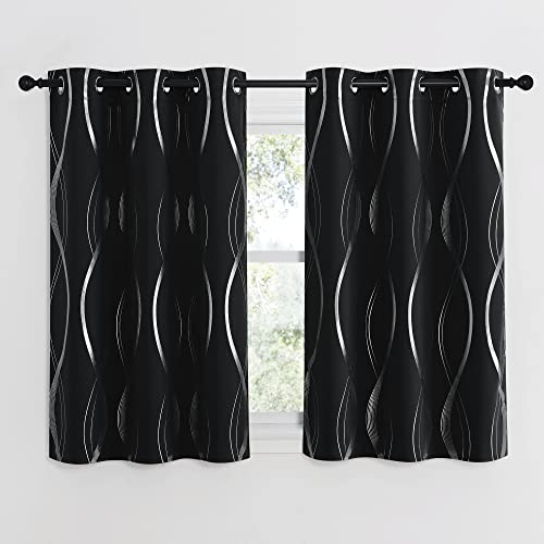 NICETOWN Black Out Curtains for Small Window, 2 Panels, 34 inches Wide by 45 inches Long, Foil Printed Wave Lines Thermal Insulated Blackout Panels/Drapes for Bedroom Kitchen Loft Cafe - color: 1 - Black, size: 34"W x 45"L (Pack of 2)