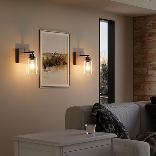 Rayogale Wireless Battery Operated Wall Sconce Set of 2 with Remote Control | Black & Walnut Dimmable Rechargeable Wall Lights with Timer, Easy Install Glass Lamp for Living Room Bedroom, Emergency 3000K - color: Black Walnut(Clear Lampshades)