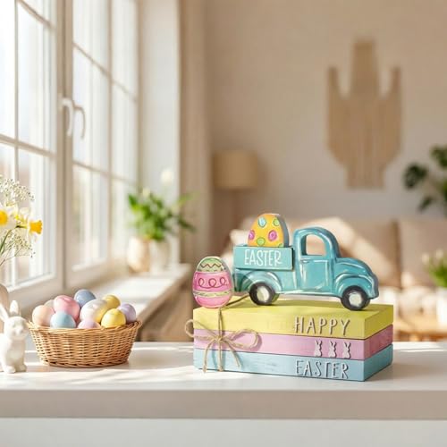Smile Happy Easter Wooden Block Stack with Truck & Egg Decor, Pastel Tiered Tabletop Display for Spring & Easter - style: Truck Easter