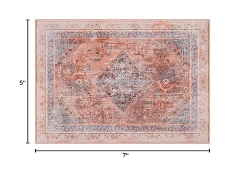 Phantoscope Washable Area Rug 5'x7' Non-Slip, Vintage Neutral Fall Rugs for Living Room, Bedroom, Dining Room, Distressed Boho Medallion Pattern, Low-Pile Foldable Floor Carpet, Rust Orange - color: Rust Orange, size: 5' x 7' (Rectangular)