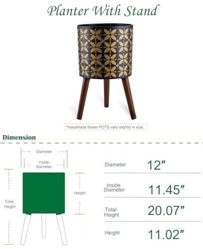 12 Inch Planter Pot with Stand, Planter for Indoor Plants, Drainage Holes and Rubber Plug, Modern Mid-Century Flower Planter Pot for Home Garden Patio, Black and Gold - color: Black Gold, size: 12 Inch
