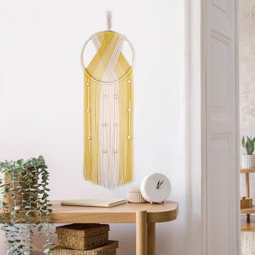 LB Boho Macrame Wall Hanging, Handmade Woven Cotton Wall Decor Tapestry - color: Yellow