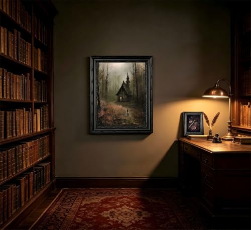 Dark Gothic Forest Church Framed Wall Art, Vintage Moody Landscape Canvas Print with Ornate Black Carved Frame, Dark Academia Aesthetic Wall Decor for Bedroom Living Room Halloween - color: Forest Church, size: 11"L x 9"W