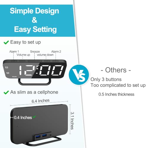 JALL Slim LED Digital Alarm Clock, Mirror Surface for Makeup, with Diming, Large Display, Easy Setting, USB Ports, Modern Decor for Bedroom, Desk, Gift for Women, Sister, College Girl, Black - color: Black