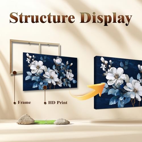 JLXART Large Flower Canvas Wall Art Modern White Floral with Blue Background Print for Living Room Office Home Decor,30X58inch - color: White, size: 58"L x 30"W