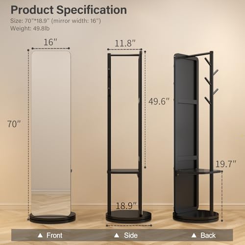 AnywaysWood 70"x19"Full Length Mirror with Stand,Coat Rack with Mirror,Solid Wood Floor Mirror,Swivel Mirrorfor Bedroom, Living Room, Cloakroom - color: Black