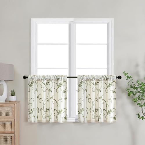 VOGOL Green Leaf Botanical Tier Curtains, 30 x 24 Inches, 2 Panels - color: Green, size: 30"W x 24"L (Pack of 2)