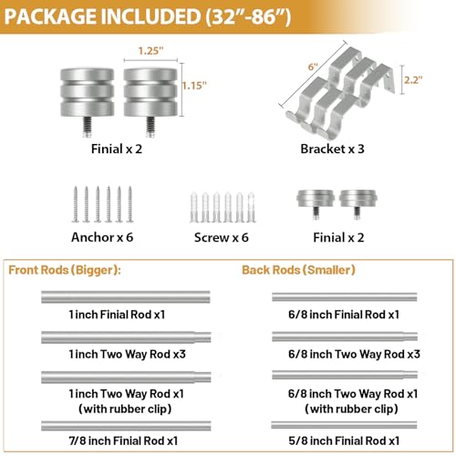 TONIAL 1 Inch Double Curtain Rods for Windows 48 to 84 Inch, Silver, - color: Silver, size: 32-86”