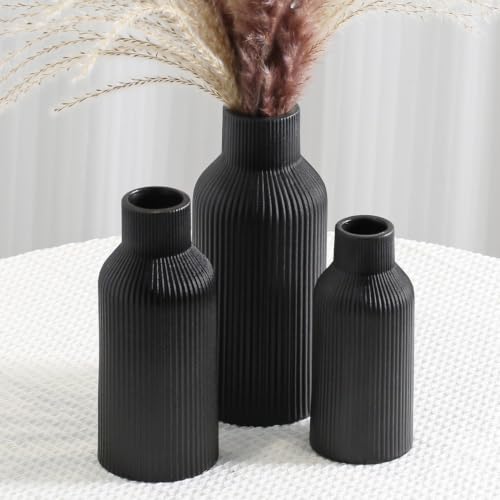 Bohemian Black Ceramic Vase - for Pampas Grass, Mantel, Bookshelf, Entryway and Living Room Decor (Black, Set of 3) - color: Black, size: Set of 3-Round