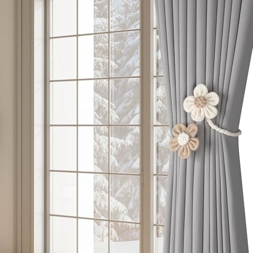 Meplait 2 Pack Flower Curtain Tiebacks, Boho Curtain Holdbacks, Beige&Khaki - color: A Flower-beige & Khaki