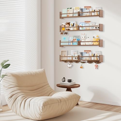 34Inch Nursery Book Shelves Wall Mounted, Floating Book Shelf for Kids Coat Rack with 6 Hooks, Wall Hanging Shelf for Baby Nursery Room Organizer ,Patent Number:US-D1058229-S(4, Light Brown) - color: Light Brown