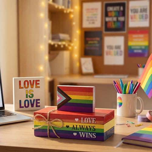 Smile Pride Month "Love Always Wins" Wooden Tabletop Decor - LGBTQ+ Progress Pride Rainbow Desktop Plaque Indoor Home & Office Decor Gay Pride Gift Idea - style: LGBT