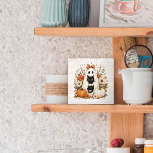 Halloween Fall Ghost Black Cat Pumpkin Wood Box Sign Desk Decor 5X5 - color: Ghost