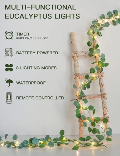 suddus 33FT Eucalyptus Garland String Lights Battery Operated Copper Wire - color: Eucalyptus, size: 100 LED-Battery