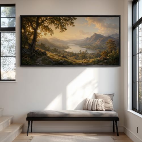 wall26 Extra Large Framed Wall Art Canvas Print - Golden Hour Mountain Lake Sunset Landscape - Contemporary Artwork for Living Room Bedroom Office - 60"x30" Black - color: A07-2607-ANG14, size: 60"L x 30"W, style: Black Frame