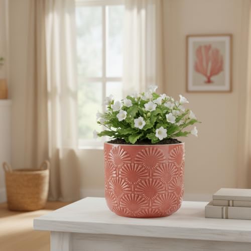Boho Ceramic Flower Pot, 6.7" Modern Planter for Indoor Outdoor Plants - color: Coral Blush