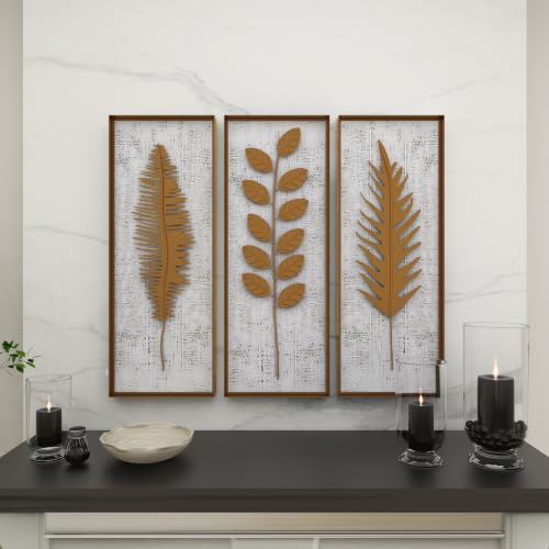 Deco 79 Metal Leaf Home Wall Decor Framed 3D Wall Sculpture with Distressed Wood Backing, Set of 3 Wall Art 12"W, 32"H, Gold - size: 12"L x 2"W