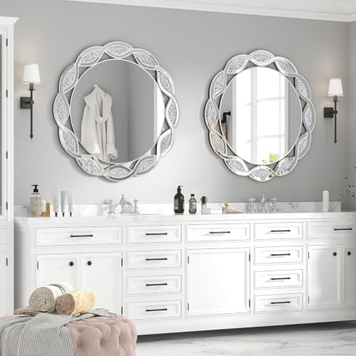 24x24 Inch Round Crystal Decorative Wall Mirror Silver Crushed Diamond Mirror Glam Wall Mounted Mirror for Bathroom Bedroom Living Room Dining Room Home Decor - color: Silver10, size: 24"L x 24"W