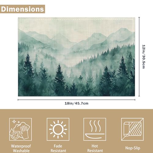 Watercolor Forest Landscape Linen Placemats Set of 6, Decorative Table Mats 12x18 Inch, Washable Heat Resistant Placemats for Dining Table Kitchen Home Decor - color: Watercolor Forest Landscape
