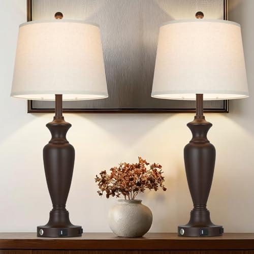 30" Tall Brown Table Lamps Set of 2 for Living Room, Touch Control Bedside Lamps for Bedroom Nightstand, 3-Way Dimmable Farmhouse Lamps with Charging Ports (2 LED Bulbs Included) - color: Brown - 30"H