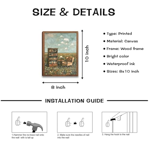 vintage Whimsical french Wall Art cottage core decor Prints Impressionist flower Canvas Oil Paintings Wall Decor book lover Pictures Wall Decor for Bedroom Living Room Home Decor 10x8in Wood Framed - color: Book Landscape, size: 10"L x 8"W
